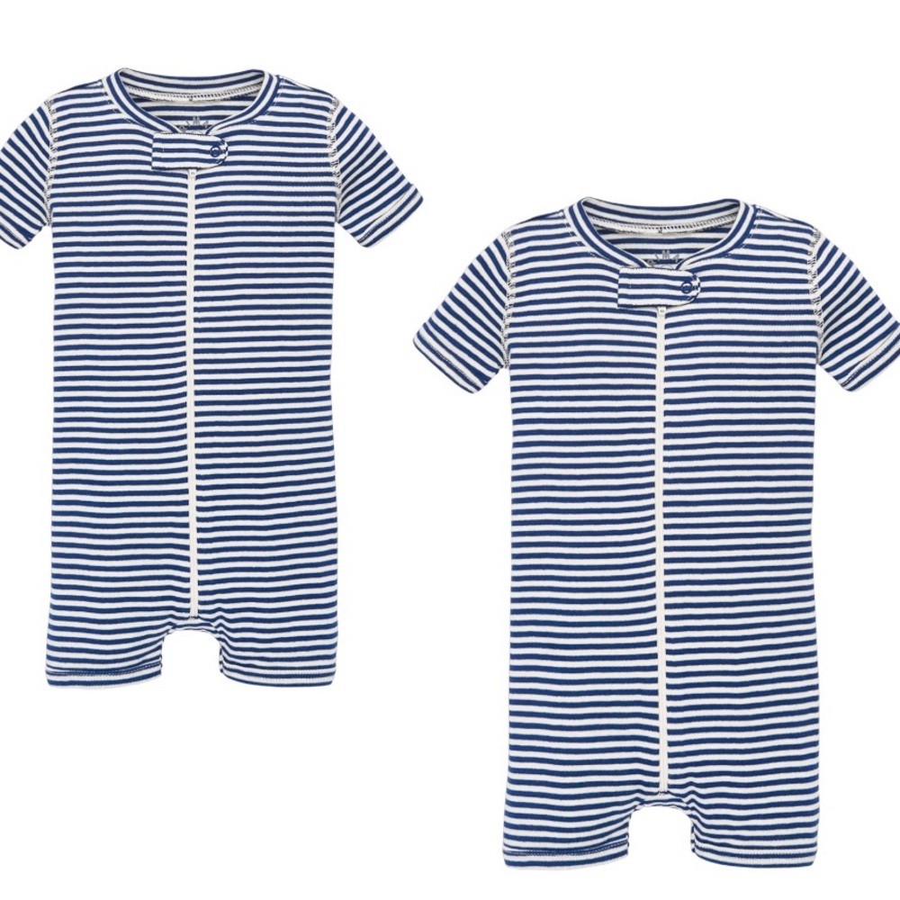 Two Infant 100 % organic cotton zip romper onesies mini stripe in blue NWT - Picture 1 of 7